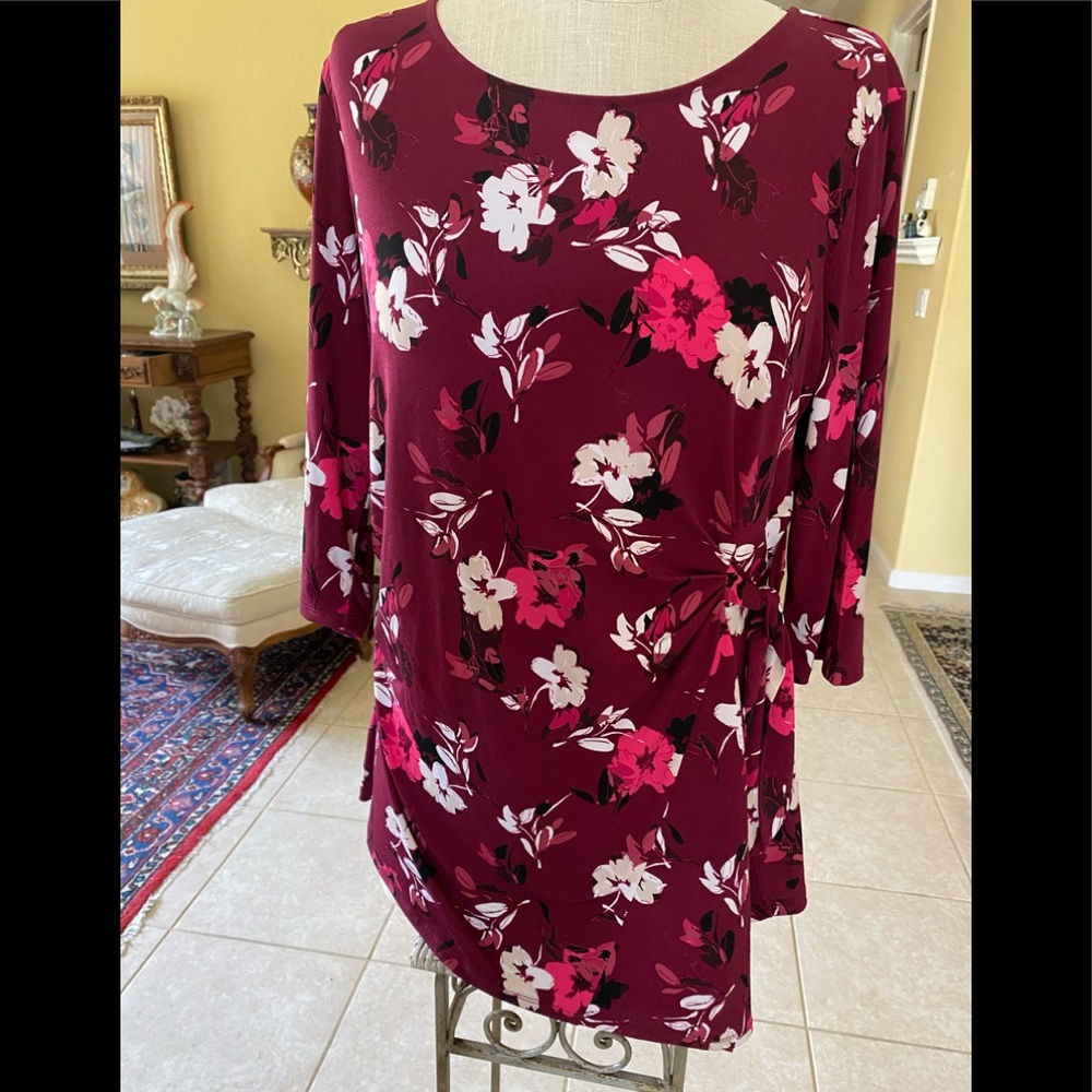 Alfani Fitted Burgandy High Low Blouse Fitted Tied